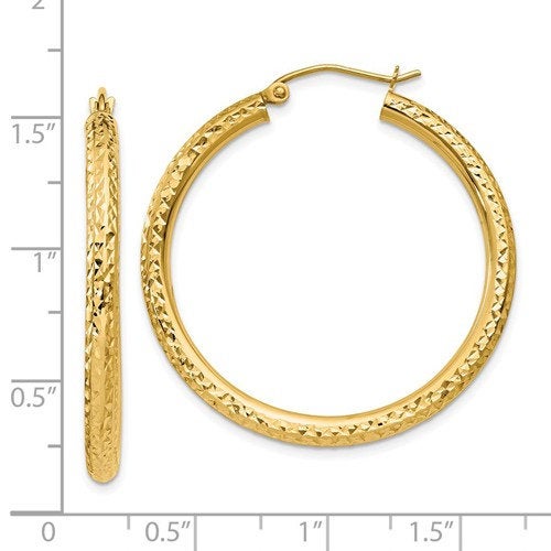 14K Yellow Gold Diamond Cut Classic Round Hoop Earrings 35mm x 3mm