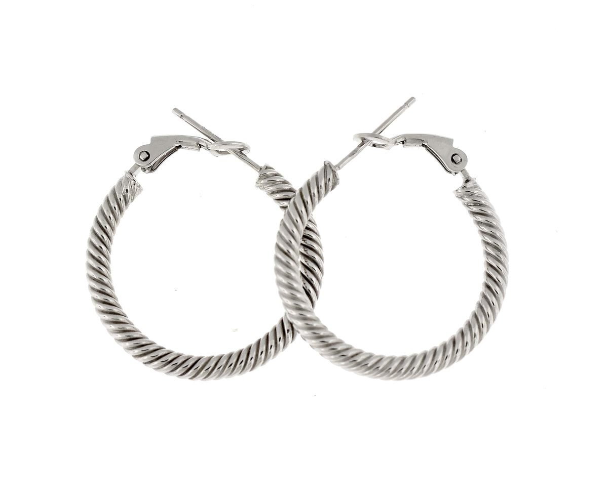 14k white gold twisted round omega back hoop earrings 25mm x 3mm