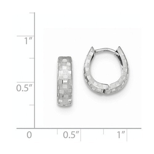 14k white gold diamond cut patterned classic hinged hoop huggie earrings