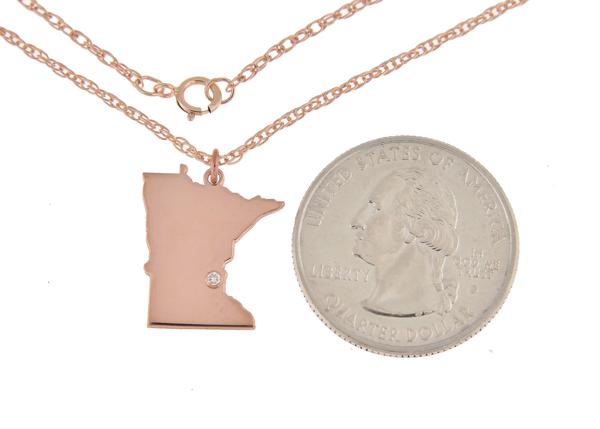 14k 10k yellow rose white gold diamond silver minnesota mn state map personalized city necklace