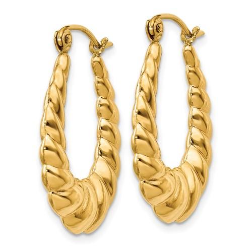 14k yellow gold shrimp scalloped twisted hollow classic hoop earrings 17mm
