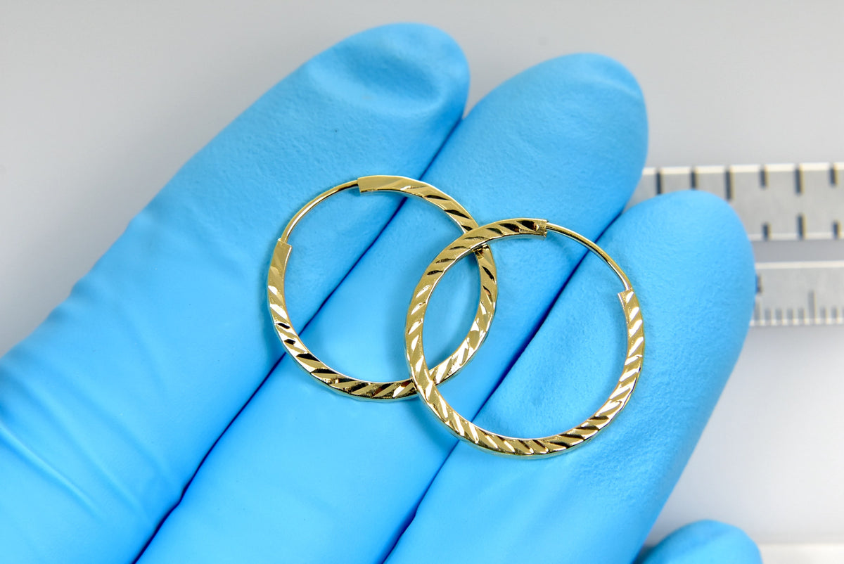 14k yellow gold diamond cut square tube round endless hoop earrings 20mm x 1.35mm