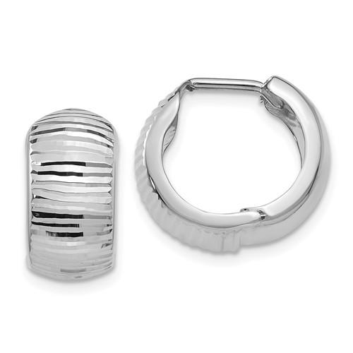 14k white gold textured huggie hinged hoop earrings 15mm x 15mm x 7mm