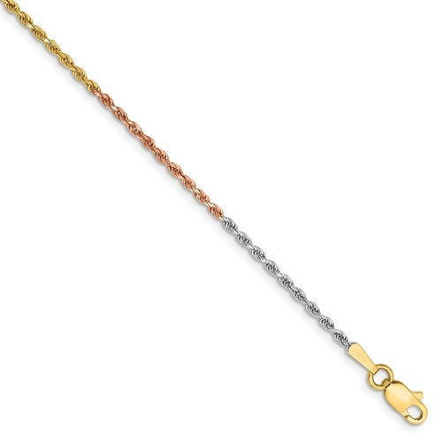 14k yellow white rose gold tri color 1.5mm diamond cut rope bracelet anklet choker necklace chain