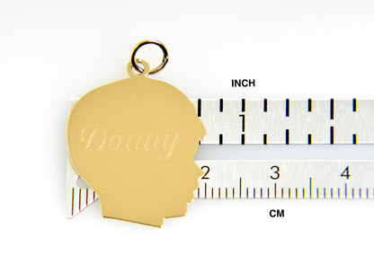 14k yellow gold 20mm boy head facing right disc pendant charm engraved personalized