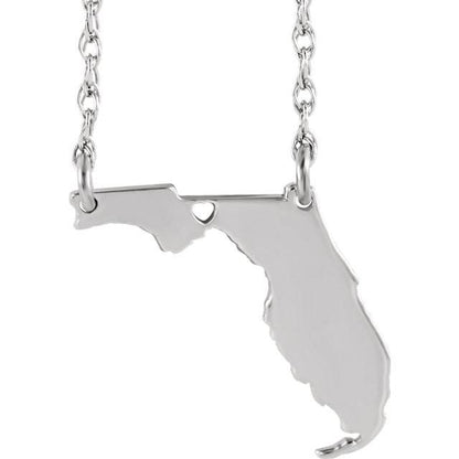14k gold 10k gold silver florida fl state map necklace heart personalized city