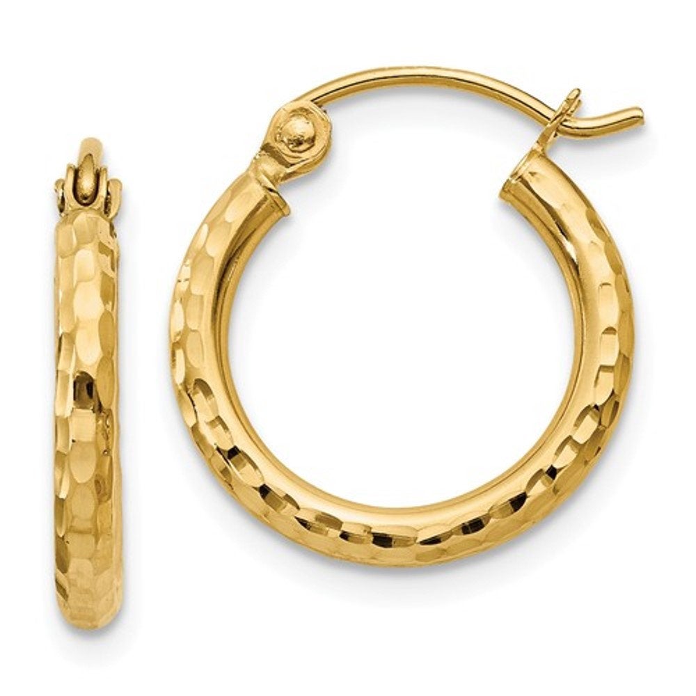14k yellow gold diamond cut classic round hoop earrings 15mm x 2mm