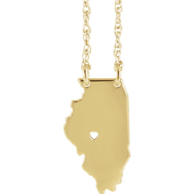 14k gold 10k gold silver illinois state map necklace heart personalized city