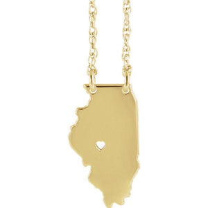 14k Gold 10k Gold Silver Illinois State Map Necklace Heart Personalized City