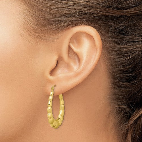 10k Yellow Gold Shrimp Hoop Earrings Click Top Satin Polished 35mm x 24mm