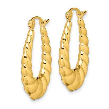 10k yellow gold shrimp scalloped twisted classic hoop earrings 25mm x 18mm