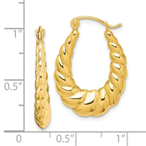 10K Yellow Gold Shrimp Scalloped Twisted Classic Hoop Earrings 25mm x 18mm