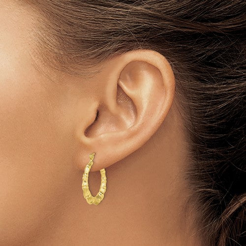 10k yellow gold shrimp bamboo design round hoop earrings 24mm x 22mm