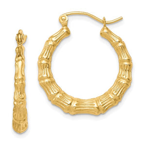 10K Yellow Gold Shrimp Bamboo Design Round Hoop Earrings 24mm x 22mm