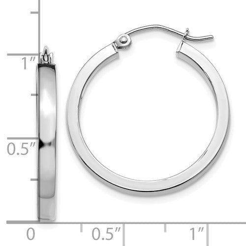 10k white gold classic square tube round hoop earrings 25mm x 3mm