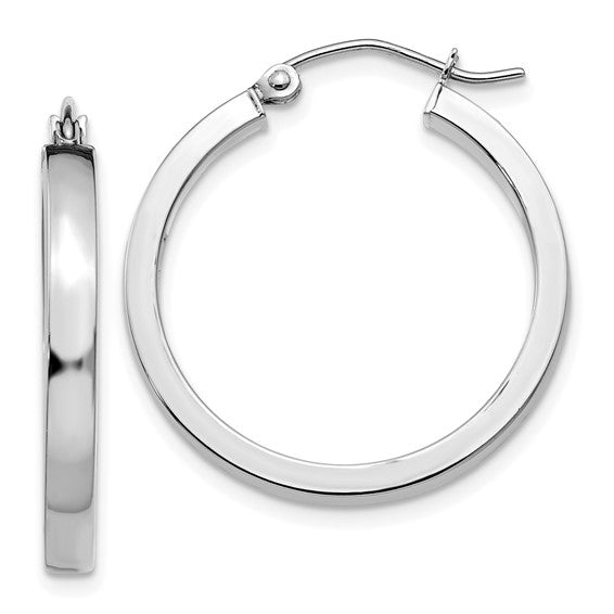 10k white gold classic square tube round hoop earrings 25mm x 3mm