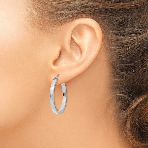 10k white gold classic square tube round hoop earrings 30mm x 3mm