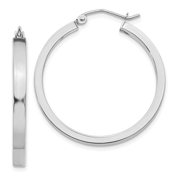 10k white gold classic square tube round hoop earrings 30mm x 3mm