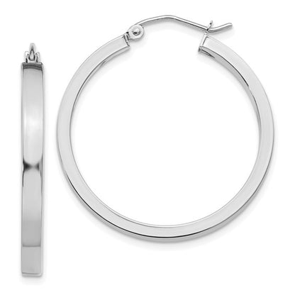 10k white gold classic square tube round hoop earrings 30mm x 3mm