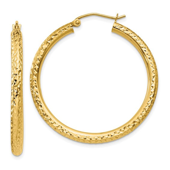 10k yellow gold diamond cut sparkling round hoop earrings click top 35mm x 3mm