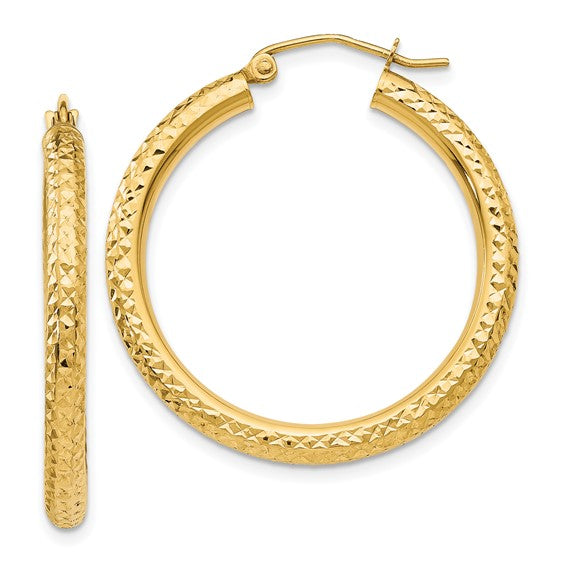 10k yellow gold diamond cut sparkling round hoop earrings click top 30mm x 3mm