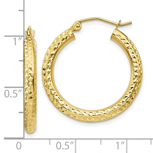 10k yellow gold diamond cut sparkling round hoop earrings click top 25mm x 3mm