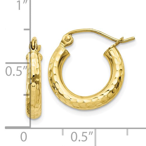 10k yellow gold diamond cut sparkling round hoop earrings click top 15mm x 3mm