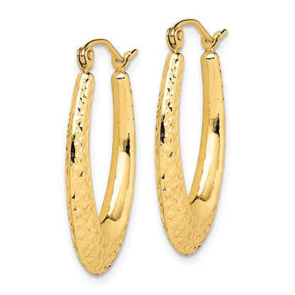10k yellow gold diamond cut shrimp oval textured hoop earrings 25mm x 16mm