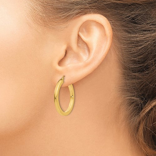 10k Yellow Gold Classic Square Tube Round Hoop Earrings 31mm x 3mm