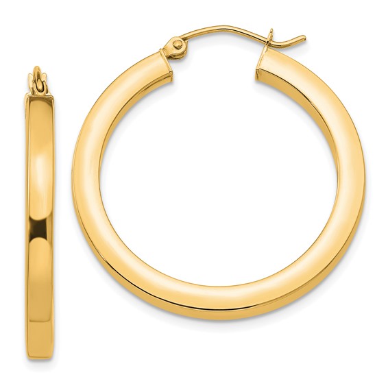 10k Yellow Gold Classic Square Tube Round Hoop Earrings 31mm x 3mm