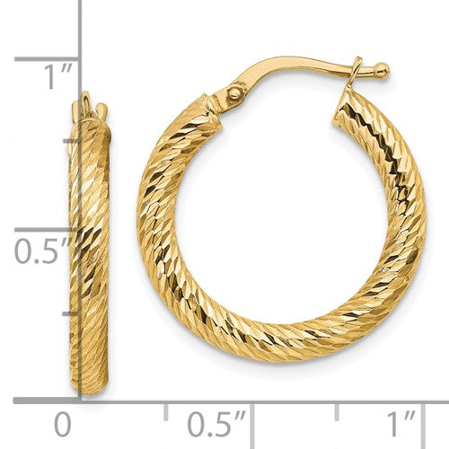 10k yellow gold diamond cut round hoop earrings 21mm x 3mm