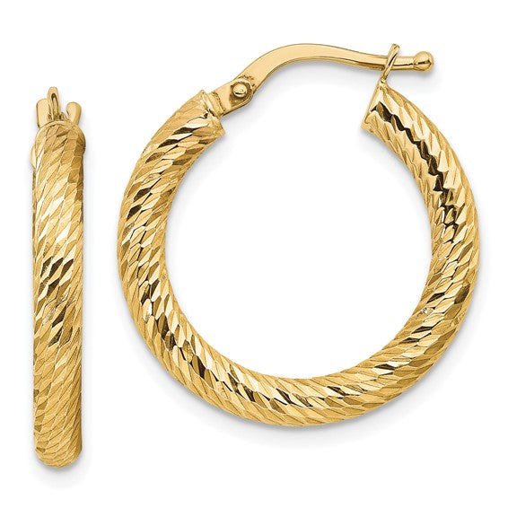 10k yellow gold diamond cut round hoop earrings 21mm x 3mm