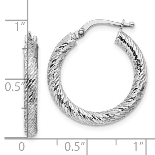 10K White Gold Diamond Cut Round Hoop Earrings 21mm x 3mm