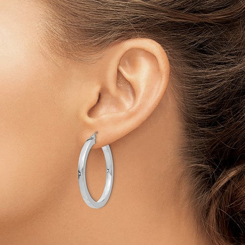 10k white gold classic square tube round hoop earrings 35mm x 3mm