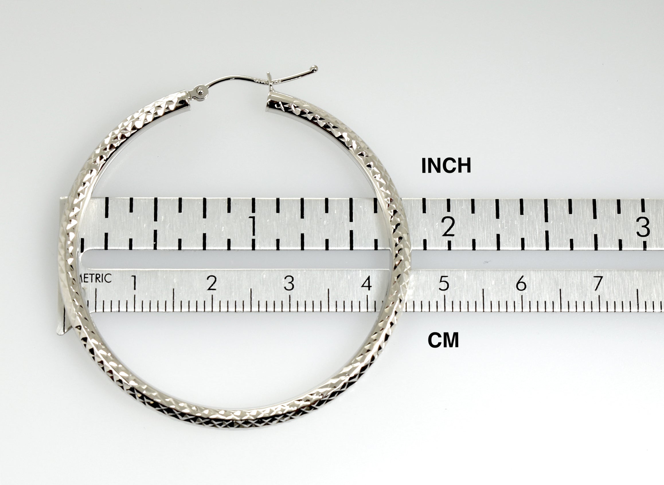 14K White Gold Diamond Cut Classic Round Hoop Textured Earrings 44mm x 3mm