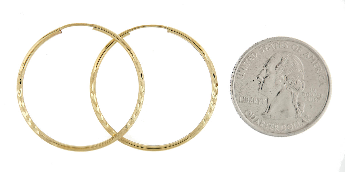 14k yellow gold satin diamond cut endless round hoop earrings 30mm x 1.5mm