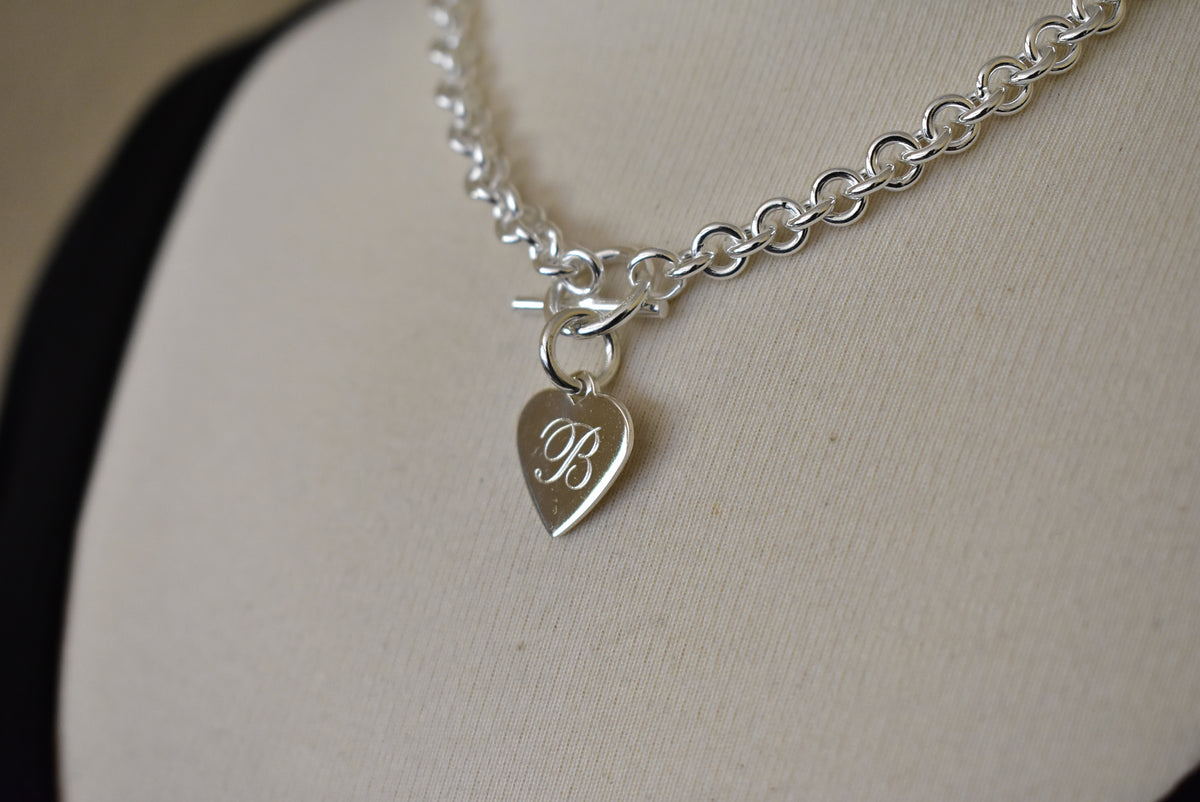 sterling silver heavyweight heart tag charm toggle necklace or bracelet custom engraved personalized monogram