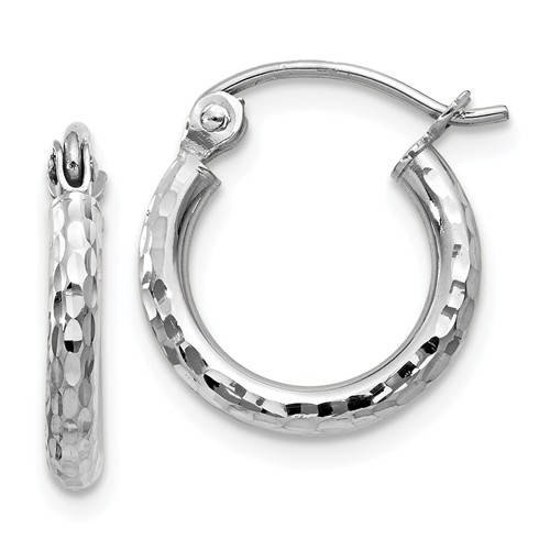 14k white gold diamond cut round hoop earrings 12mm x 2mm