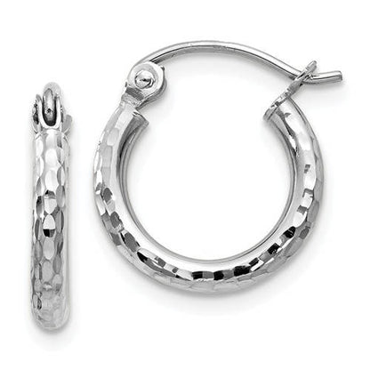 14k white gold diamond cut round hoop earrings 12mm x 2mm