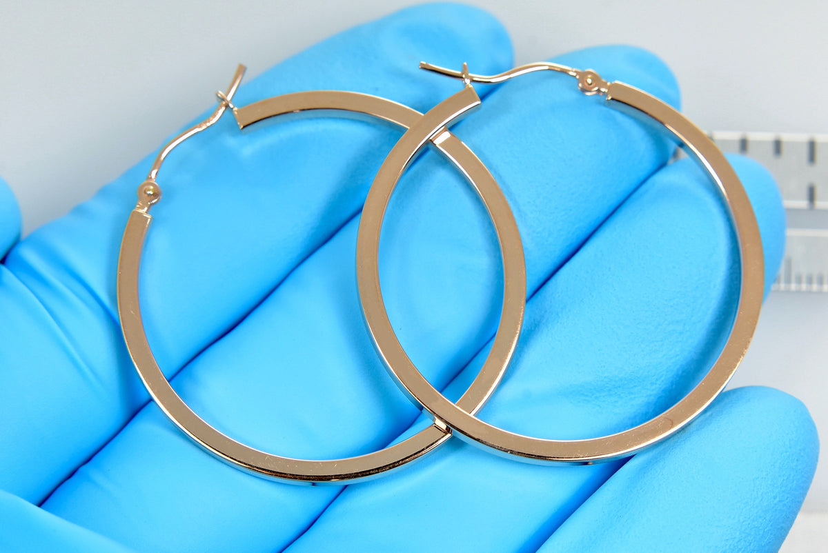 14k rose gold classic square tube round hoop earrings 35mm x 2mm