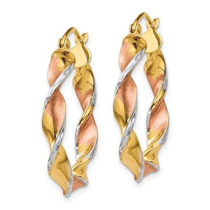 14k gold tri color twisted round hoop earrings