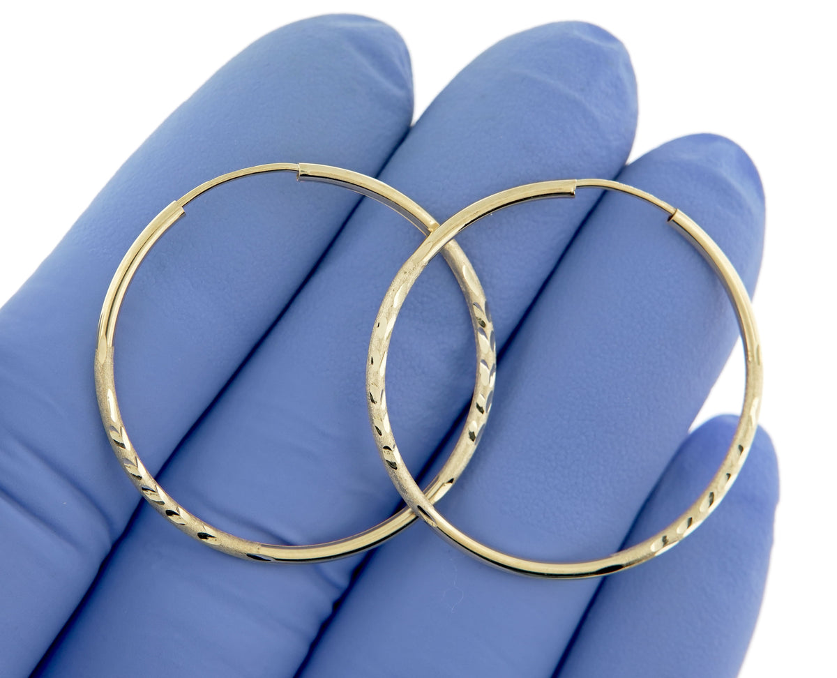 14k yellow gold satin diamond cut endless round hoop earrings 30mm x 1.5mm