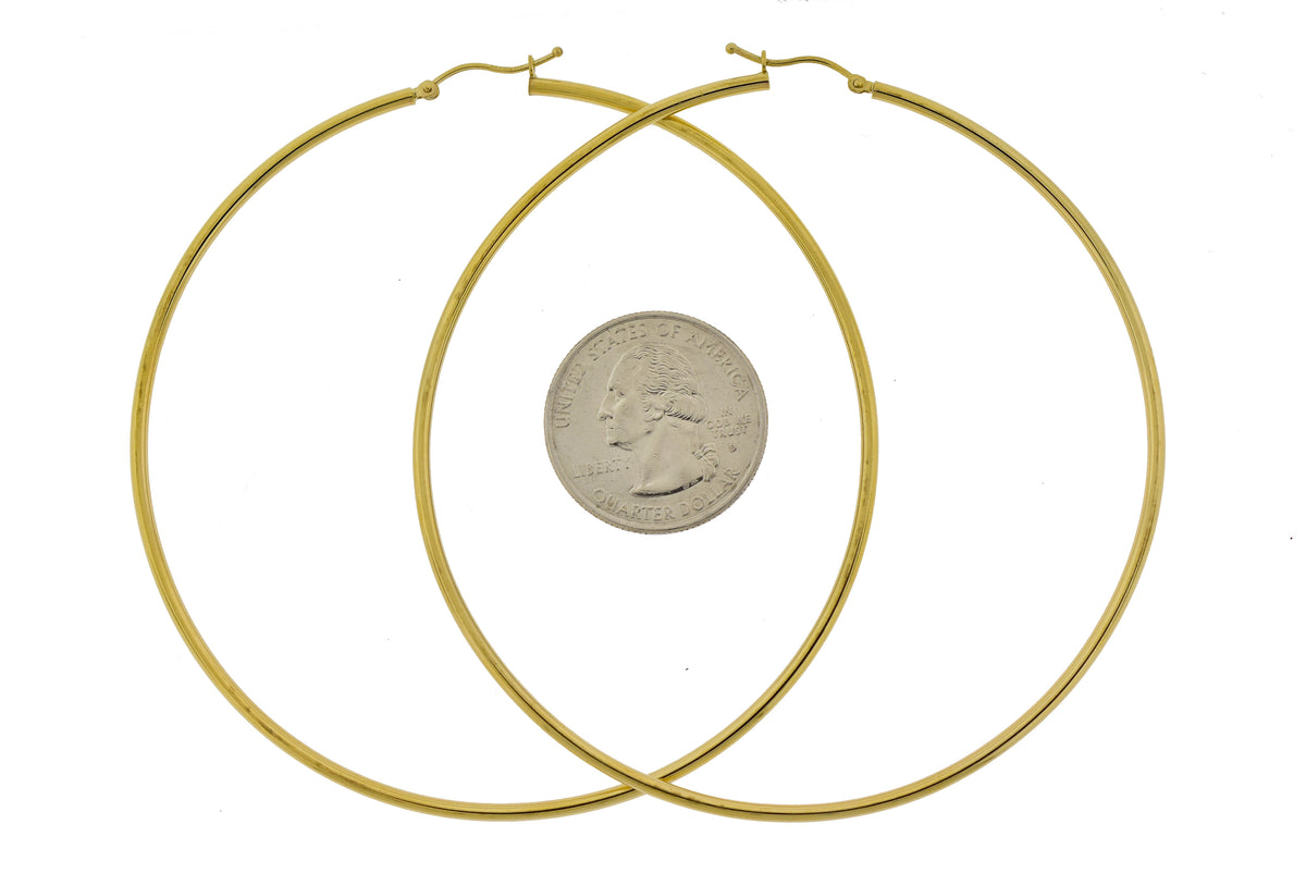 14k yellow gold 3.15 inch diameter extra large giant gigantic round classic hoop earrings 80mm x 2mm