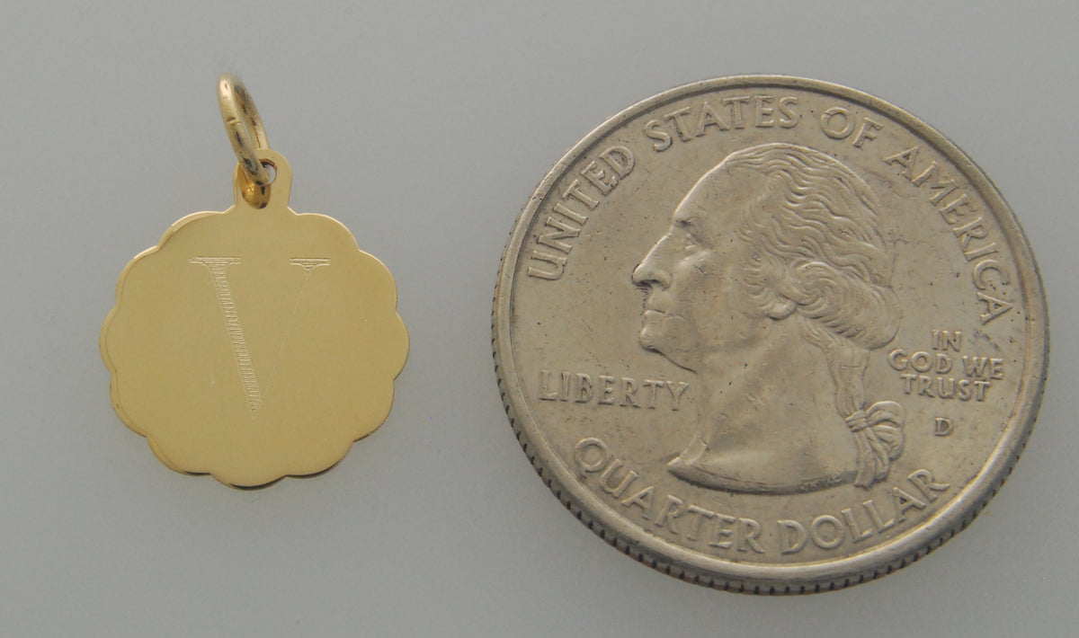 14k yellow gold 13mm scalloped disc pendant charm personalized engraved monogram