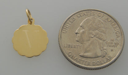 14k yellow gold 13mm scalloped disc pendant charm personalized engraved monogram