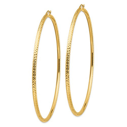 14k yellow gold 3.35 inch diameter extra large giant gigantic diamond cut round classic hoop earrings lightweight 85mm x 3mm