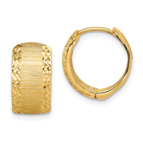 14k yellow gold diamond cut textured huggie hinged hoop earrings 12mm x 7mm