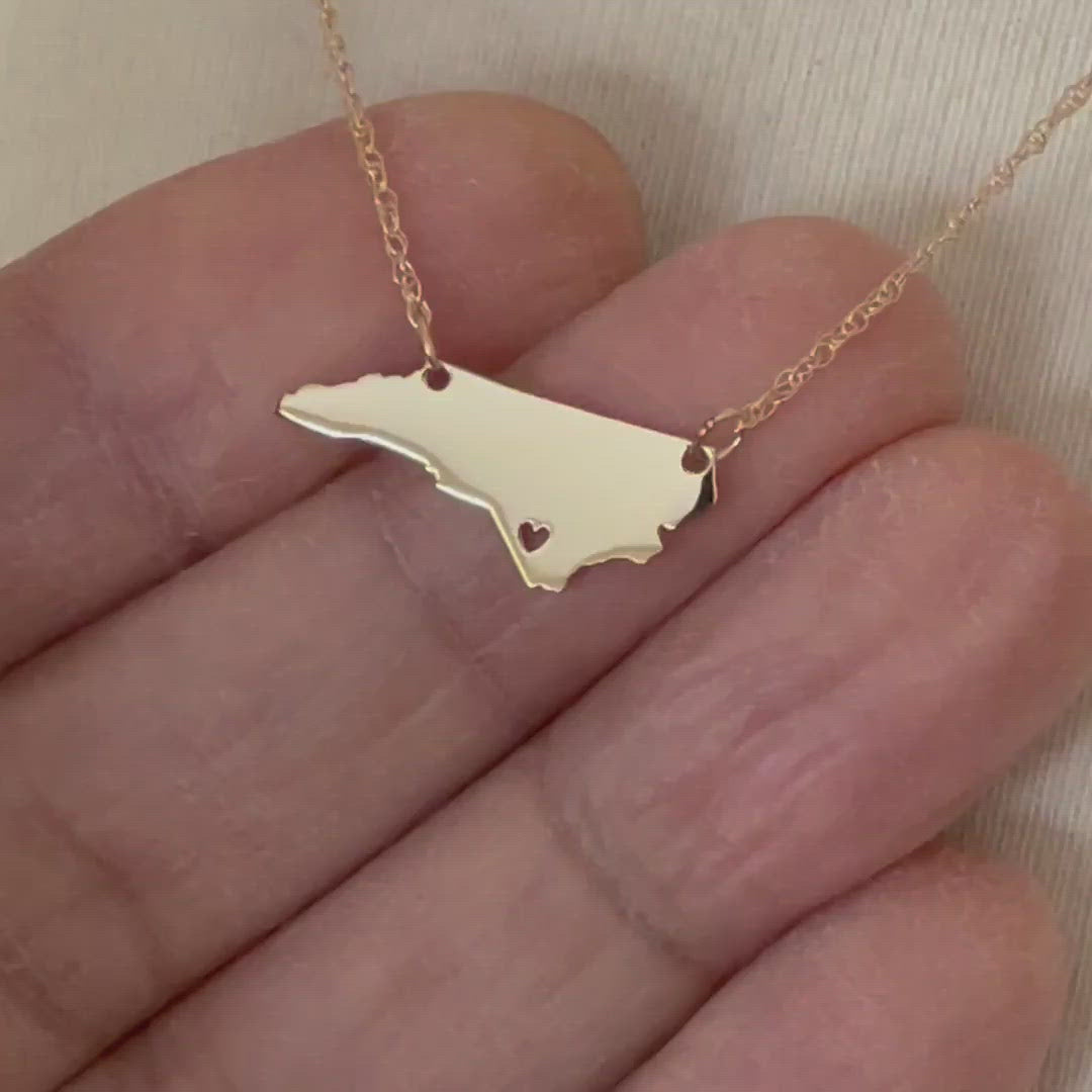 14k Gold 10k Gold Silver North Carolina NC State Map Necklace Heart Personalized City