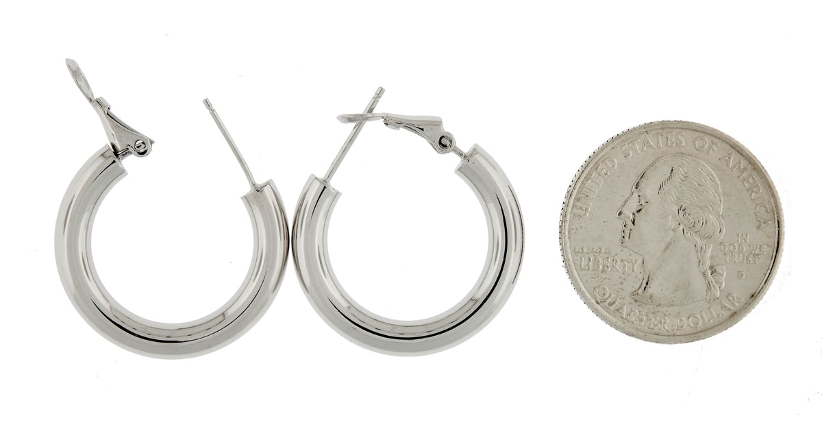 14k white gold round omega back hoop earrings 22mm x 4mm