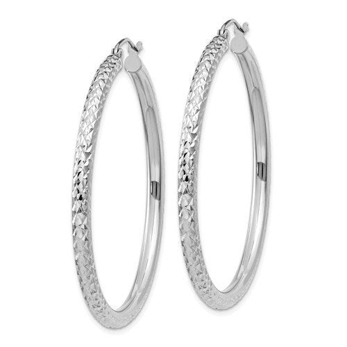 14k white gold diamond cut classic round hoop textured earrings 44mm x 3mm